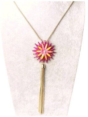 Double Metal Flower Tassel Necklace Rhinestone 23" Purple Yellow Artsy Boho